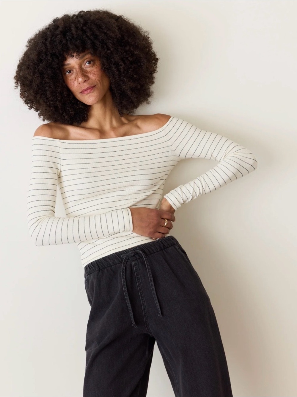 Marine Layer Off-Shoulder Lexi Rib Long Sleeve Striped Top